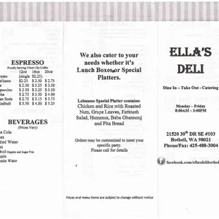 the menu for ella&apos;s deli