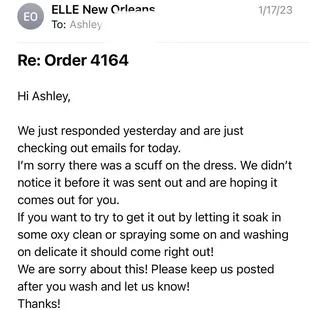 Shop Elle asking me to clean dress that came scuffed.