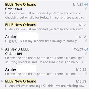 Email correspondence with shop with no sense of urgency to get back and make it right.