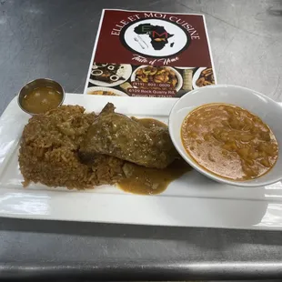 Peanut butter Stew Chicken Over Jollof Rice served with beans and garnished with plantains.