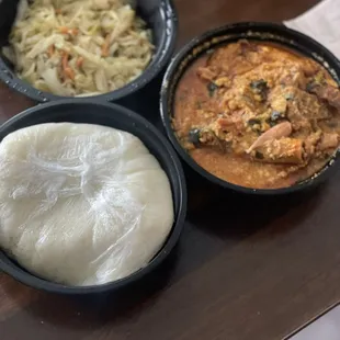 Smoked turkey Egusi soup,  FuFu and Cabbage