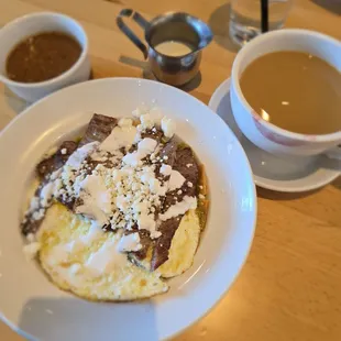 Chilaquiles Verdes with skirt steak and eggs