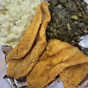 Catfish with collard greens and potato salad