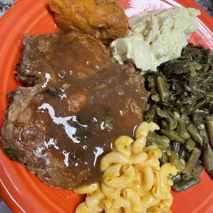 Fried &amp; Smothered Pork Chop, Mac &amp; Cheese, Collards, Green String Beans, Yams, Potato Salad