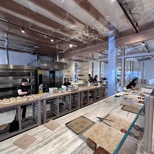 a large kitchen with counter tops