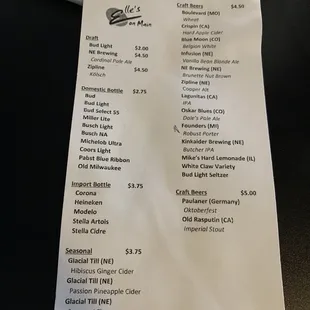 Beer menu