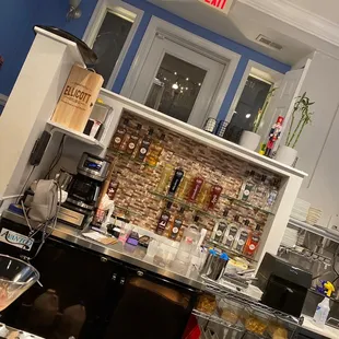 a kitchen with blue walls