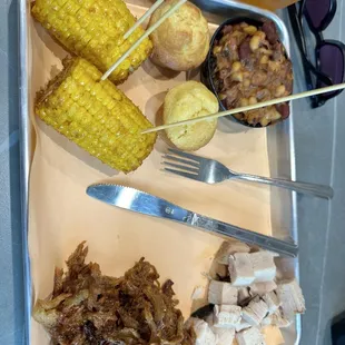 Turkey, Kansas City wet, side of fried corn and baked beans