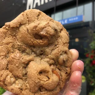 a hand holding a chocolate chip cookie