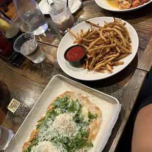 Flatbread pizza, shoestring Fresh Cut fries, Citrus and herb shrimp