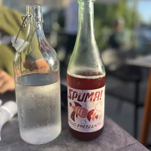 a bottle and a glass of water