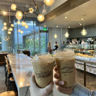 Two iced vanilla lattes.  Happiness is Homemade by Ellie&apos;s Table