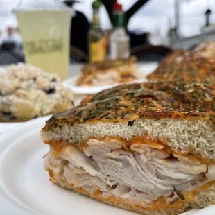 Turkey Focaccia, Lavender Lemonade x Green Tea (Arnold Palmer), Almond Croissant (back), Chocolate Croissant (not pictured)