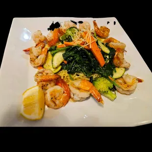 Plata vegetable add capellini pasta and Shrimps.