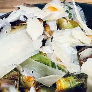 Brussels sprouts with honey sriracha and shaved parmesan