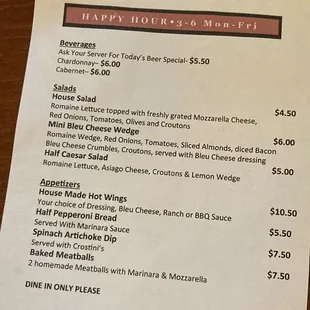 Menu, happy hour