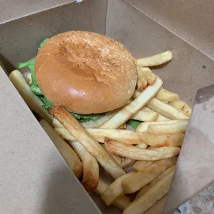 a hamburger and french fries