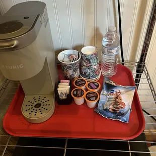 Cheap looking room coffee station. And those cheap snacks.