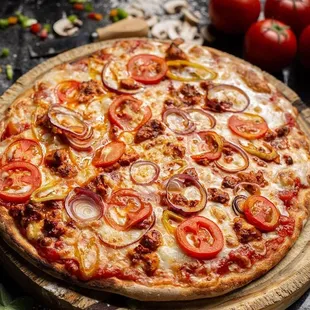 a whole pizza on a wooden board