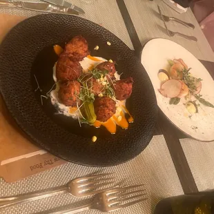 Crab Hushpuppies and Truffle Dusted Scallops