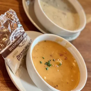 white clam chowder + spicy crab &amp; corn chowder