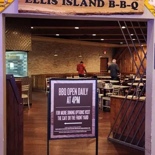 Ellis Island BBQ opens at 4pm daily next to the cashier cage