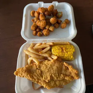 2pc Catfish Fillet (2 Pieces) fries corn and Fried Okra