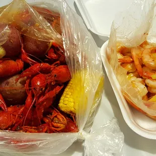 Got crawfish with potatoes and corn and shrimp to go