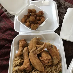 Six piece w/ fried rice and a side of okra (some of the okra didn&apos;t make it home lol)