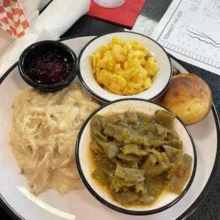 chicken and dumplings, mac and cheese, green beans, cornbread muffin