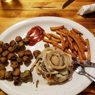 Mesquite grilled chicken. Over cooked okra and very small portions!