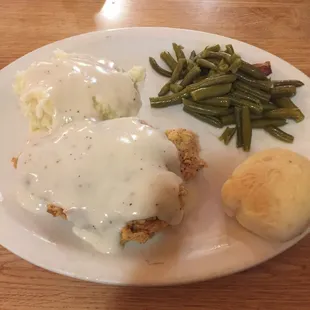 Chicken Fried Chicken, green beans mashed potatoes &amp; roll $6.99