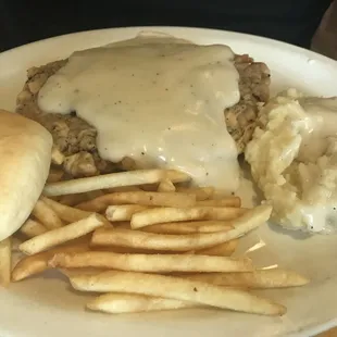 Chicken fried steak! Plate looks a little bland because my hubs and doesn&apos;t order veggies!