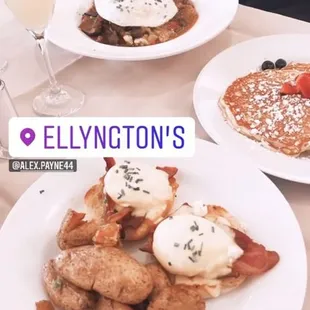 Prime rib hash, eggs Benedict and pancake side.