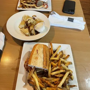 Meatball hoagie split in half and pierogis.