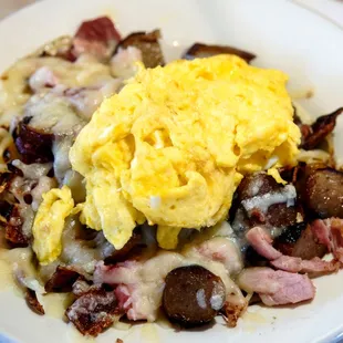 Meat lovers skillet, scrambled eggs