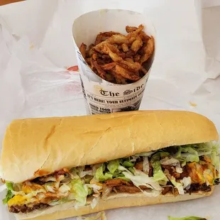 Bbq cheeseburger sub, onion straws