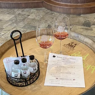 What the COVID-style tasting looks like; Marquette Rosé in the glasses