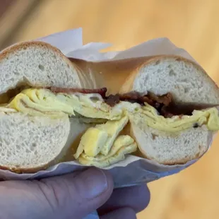 Bacon, egg and cheddar on a plain bagel. $10.50  Delicious