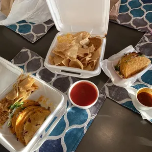 Birria meal, large order of Strips &amp; Beans, and order of birria tacos