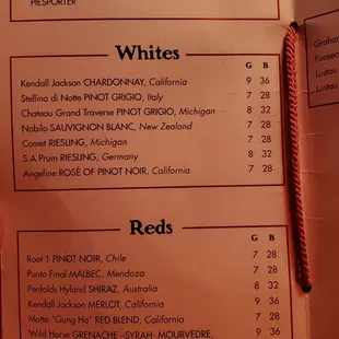 Wine list. Half off bottles on Tuesdays.