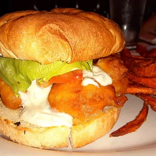 Fish sandwich w/ tartar sauce. Sweet potato fries w/ honey aioli. Amazing!