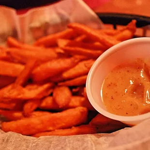 side of Sweet Potato Fries with honey chipotle sauce. Shockingly Good!