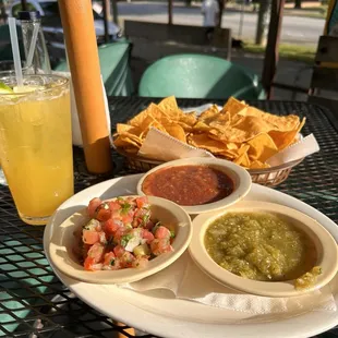 Trio dip and chips. Passionfruit margarita.