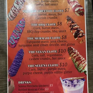 Current menu! The Vegan Elote runs out quickly so don&apos;t wait too late in the night to get it or you&apos;ll be out of luck.