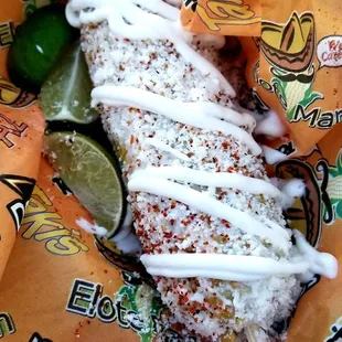 The Mexican: mayo, cotija cheese, chili powder, and some lime wedges.