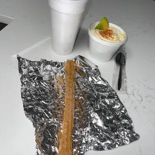 Just picked up dinner, but couldn&apos;t pass on Elote Man!! Cherry limeade, Mexican Style cup, and a churro!