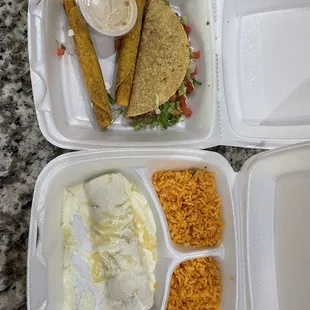 Trio Sampler with beef taquitos, taco with seasoned ground beef and a shredded sour cream chicken enchilada with double Mexican rice.