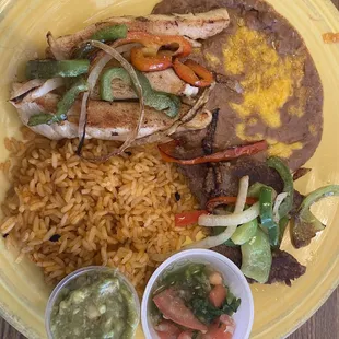 Hamburger Patty &amp; Freezer Chicken Fajitas, with a side of canned beans