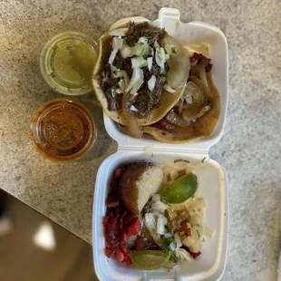 Birria taco on top, trompo at the bottom